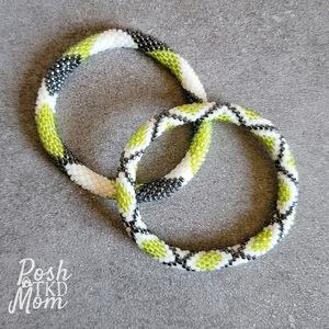 Set of 2 Glass Bead Bracelets (Green/Dark Gray/White) - NWOT